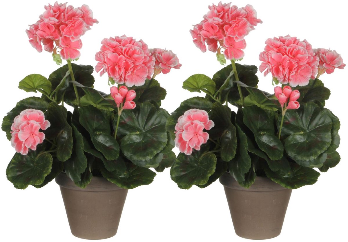 Mica Decorations Kunstplant - 2x - geranium - perzik - in pot - 34 cm - nepplanten - kunstbloemen
