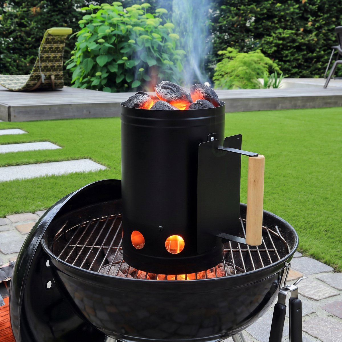 Elite BBQ briketten/houtskool starter - metaal - houten handvat - BBQ snel starter - 27 cm