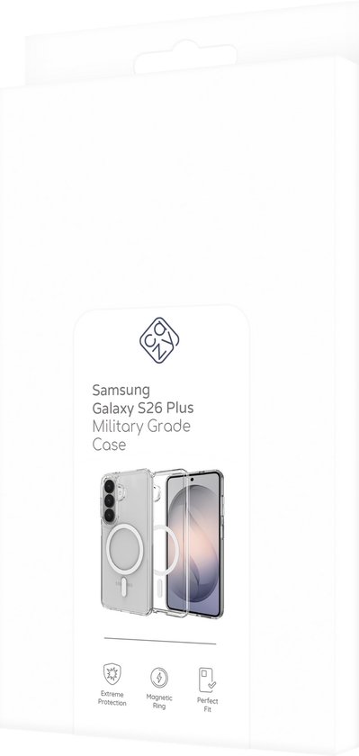 Verpakking voor Samsung Galaxy S26 Plus Military Grade Case, transparant, met MagSafe ring en perfecte pasvorm.