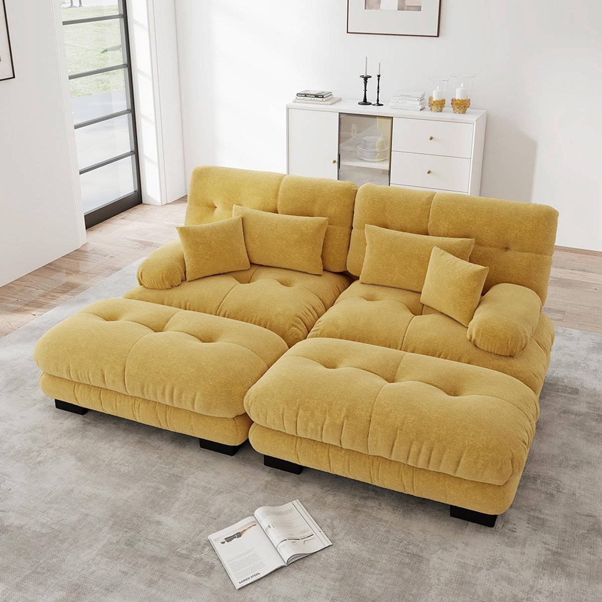 Komhtom Cloud hoekbank voor de woonkamer, tweezitsbank van chenille met 2 rugkussens en 2 sierkussens, gestoffeerde bank met brede armleuningen en 2 chaise longues, geel
