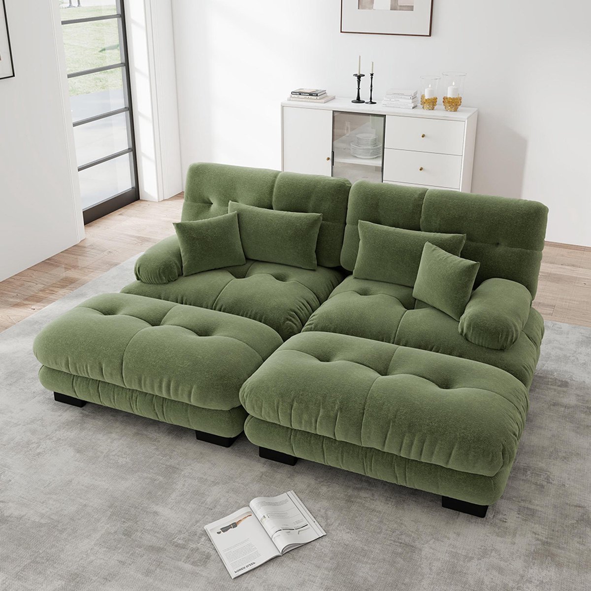 Komhtom Cloud hoekbank voor de woonkamer, tweezitsbank van chenille met 2 rugkussens en 2 sierkussens, gestoffeerde bank met brede armleuningen en 2 chaise longues, groene chenille