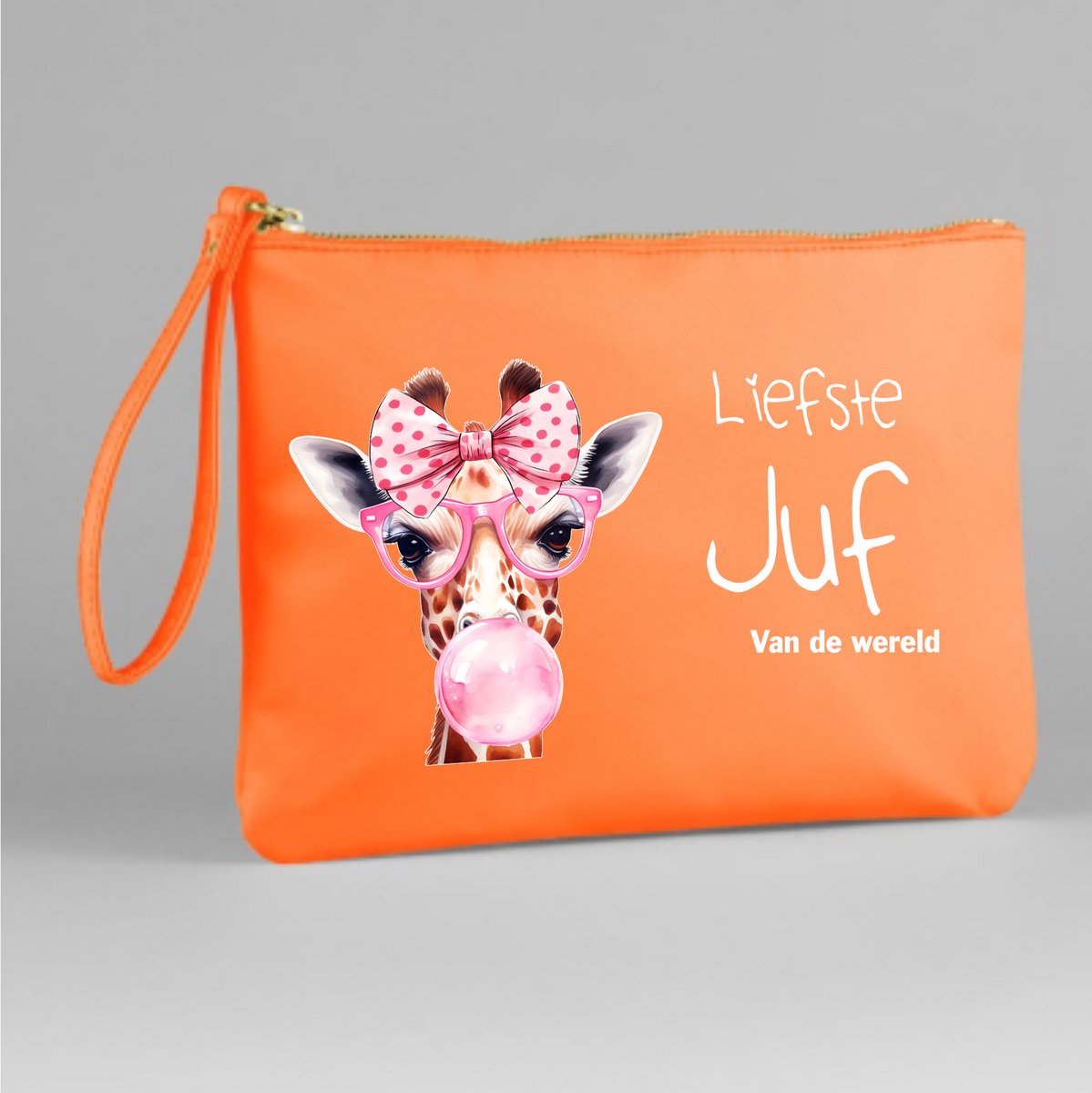 Oranje juf etui- juf cadeau- einde schooljaar- liefste juf-giraf etui knal oranje.