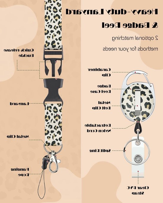 Stijlvolle Leoparden Badgehouder met Retractable Reel, Carabiner Clip en Afneembare Lanyard voor Werknemers, Verpleegkundigen en Docenten van Merkloos — afbeelding 4