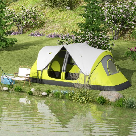 Campingtent 2 Kamers - 6-8 Persoons Gezinstent - Met Tussenscherm En Regenhoes - Voor Familie En Outdoor - Donkergroen — afbeelding 3
