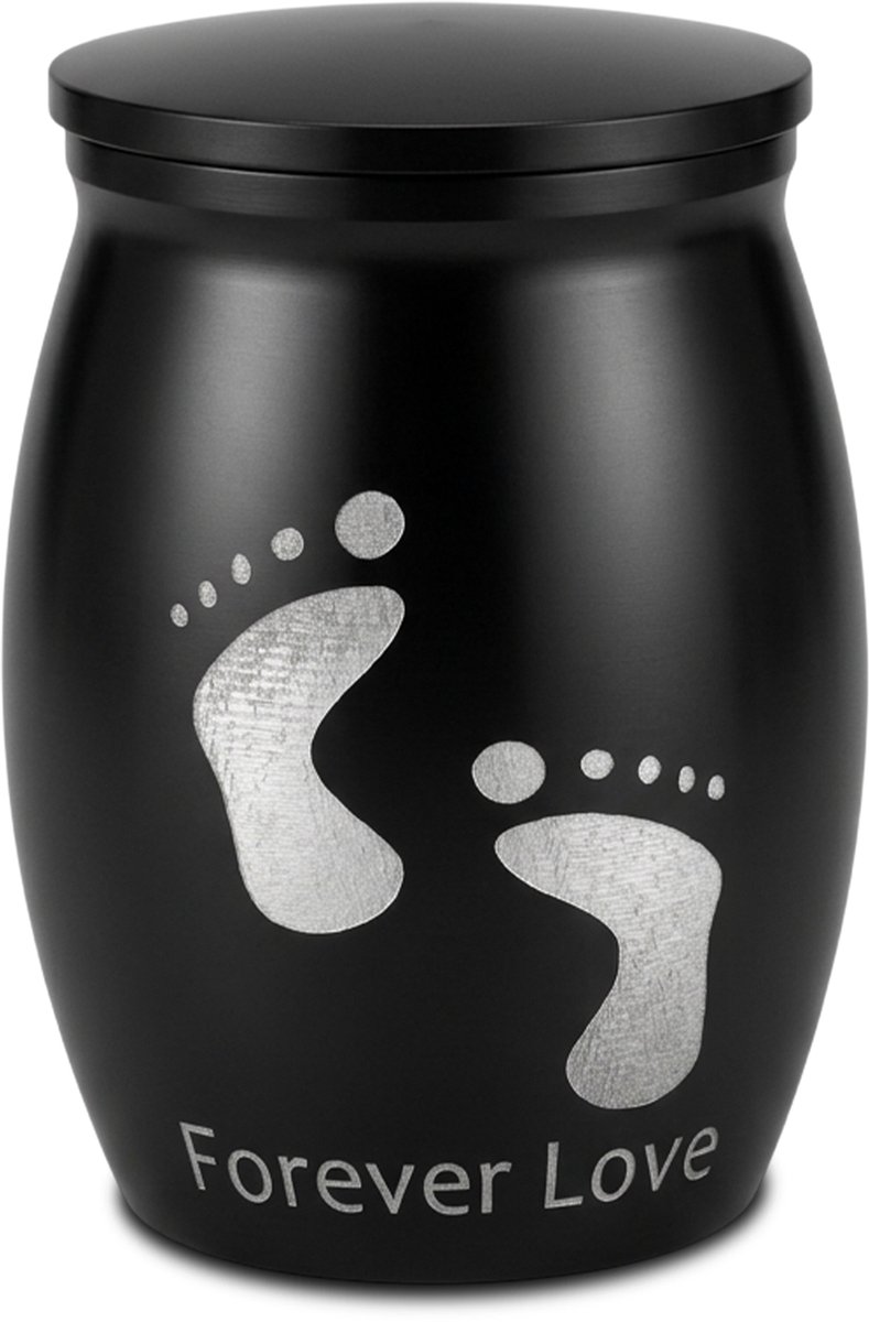Akerz Mini Urn Forever Love Zwart – Babyvoetjes – Herinneringsurn voor As – Aluminium – Inclusief Beschermzakje – Schroefdeksel – 4 cm