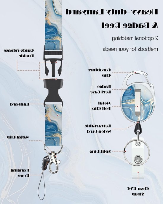 Moderne Badgehouder met Retractable Reel en Afneembare Lanyard - Blauw Marmer Design voor Verticale Kaarten van Merkloos — afbeelding 2