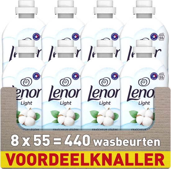 Boîte de 8 bouteilles d'adoucissant Lenor Light, "8 x 55 = 440 lavages", "Super affaire".
