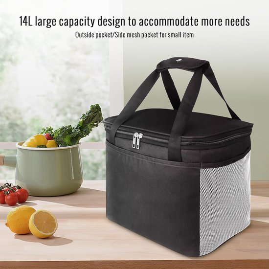 Koeltassen - Geïsoleerde Koeltas - 29x23x21 cm - 14L - Koeltassen - Lunchtas - 3 Laags - Picknicktas - Handvat Riem - Lekvrij en Waterdicht - voor Kantoor, Camping, Picknick, Reizen - Thermotas voor Levensmiddelentransport - Zwart — afbeelding 3