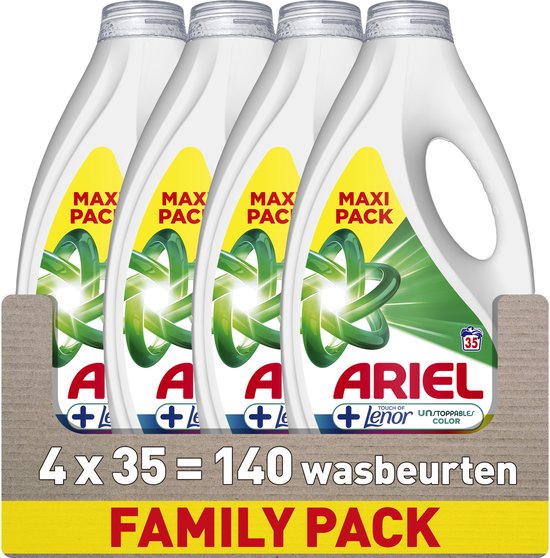 Pack familial de quatre bouteilles blanches de lessive Ariel avec design vert scintillant, pour 140 lavages.