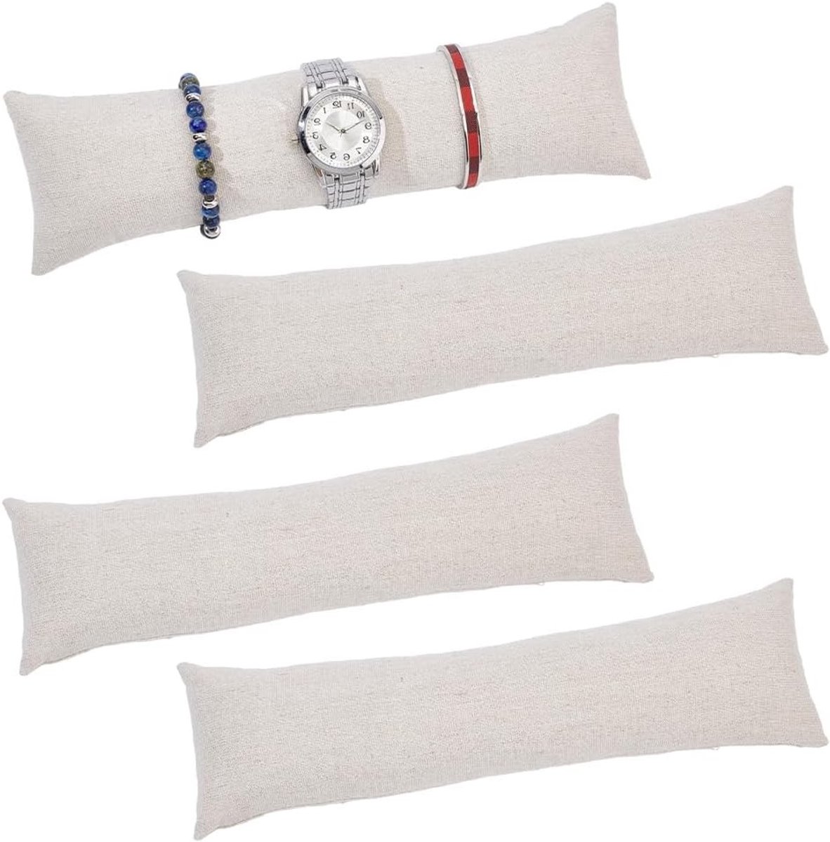 4 Stuks Lange Horloge Kussens 12x3,1 Inch Linnen Armband Kussen Beige Klok Display Kussen voor Sieraden Organizer en Presentatie
