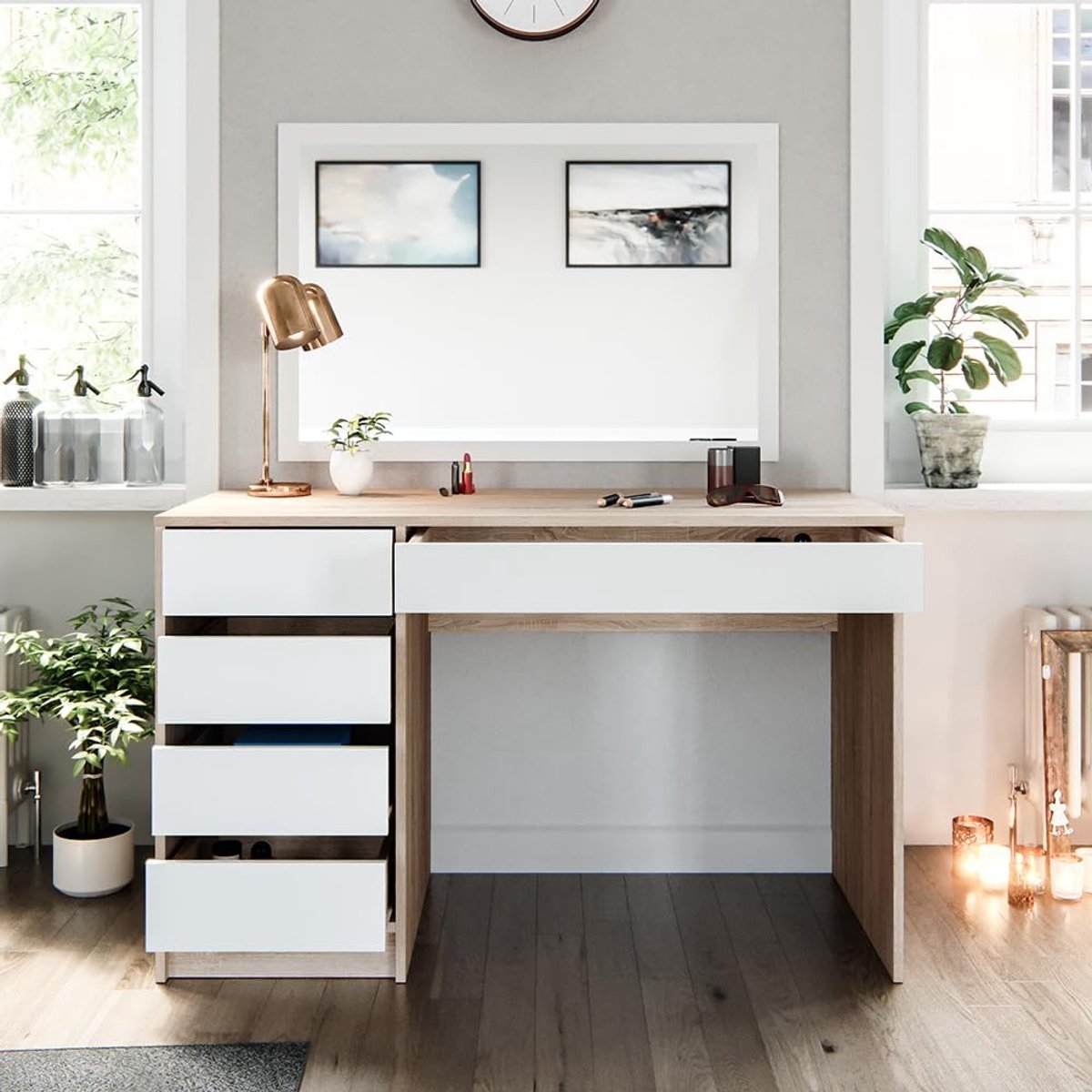 Kaptafel 120 x 55 x 75 cm met 5 lades – Moderne make-up tafel / toilettafel – Wit / Sonoma houtlook – stijlvolle cosmeticatafel voor slaapkamer – Sherry Vermissen