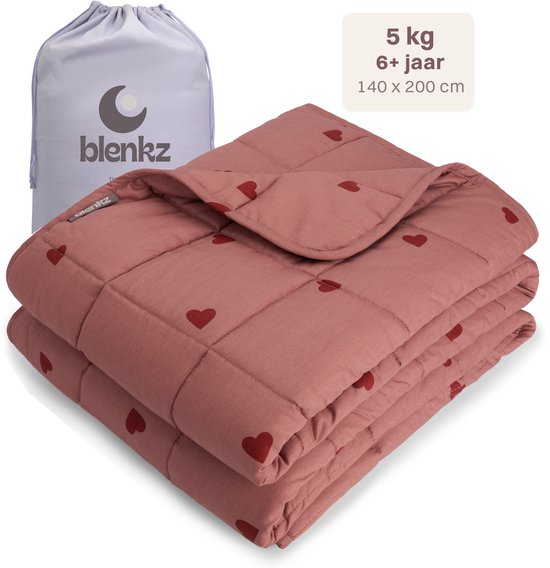 BLENKZ Verzwaringsdeken Kind 5kg – 140x200 – Hartjes Roze Rood – Voor kinderen vanaf ±6 jaar en tieners – Verzwaringsdeken 1-persoons – Zwaartedeken