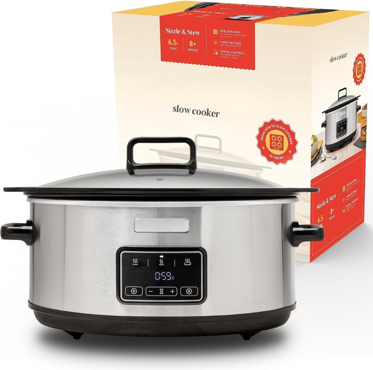 RUX® Slowcooker met Timer - Crockpot - Stoompan - Uitneembare Binnenpan - 3,5 Liter - Zilver - 25cm x 24cm x 23cm – foto 3