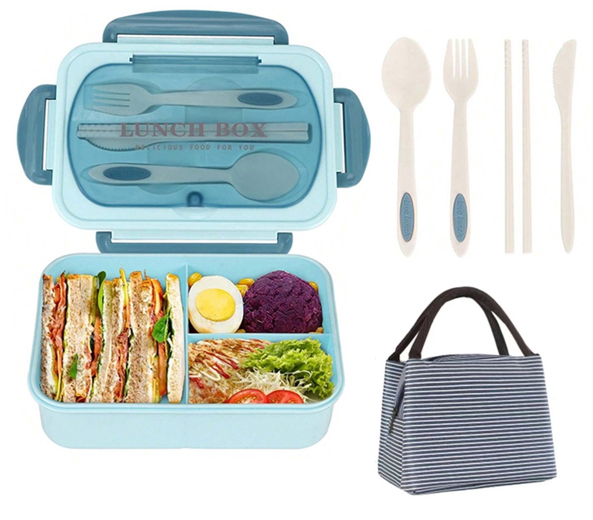 Bento Box – Lunchbox – Met bestek – 1200 ml – 21,3 x 14,5 x 7,5 cm – Roestvrij staal – Blauw