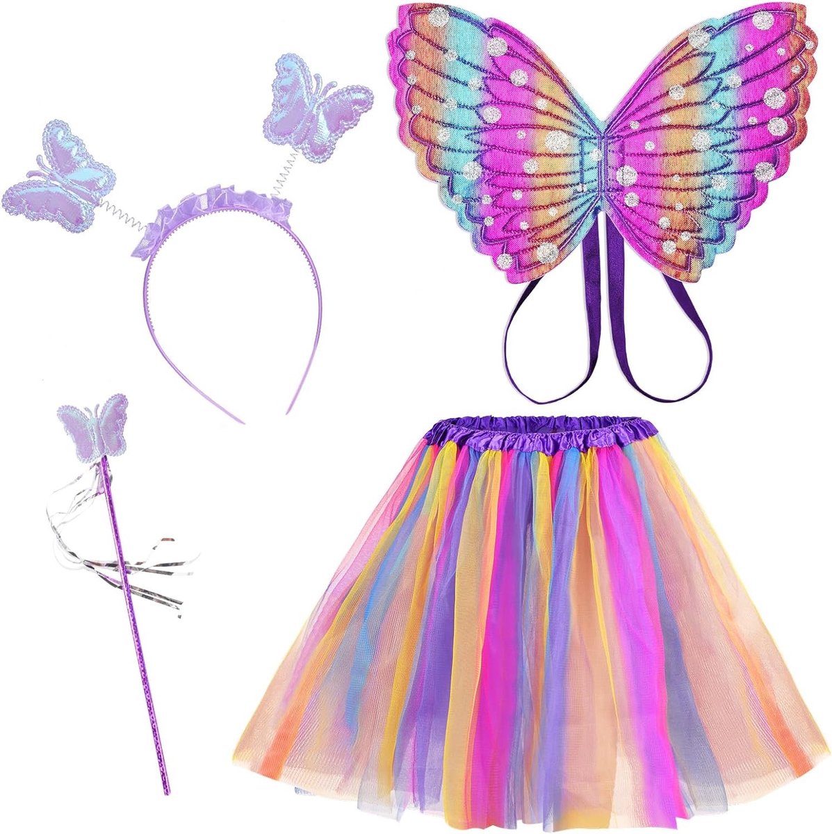 Feestelijke Fairy Wings Kostuum voor Kinderen, Vlinder Vleugels, Prinsessen Outfit met Accessoires voor Halloween, Carnaval en Verjaardagen in Paars en Roze