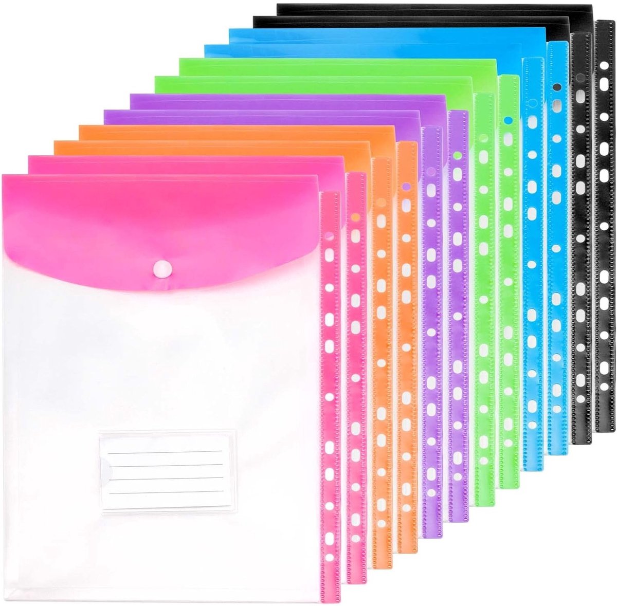 24 Stuks A4 Punch Pocket, Plastic Binder Wallets met Label Pocket en Ring, Gaatjes Geponste Plastic Mappen voor Thuis, Kantoor en Zakenreizen, 6 Kleuren, Organisatie, Documenten, Archivering