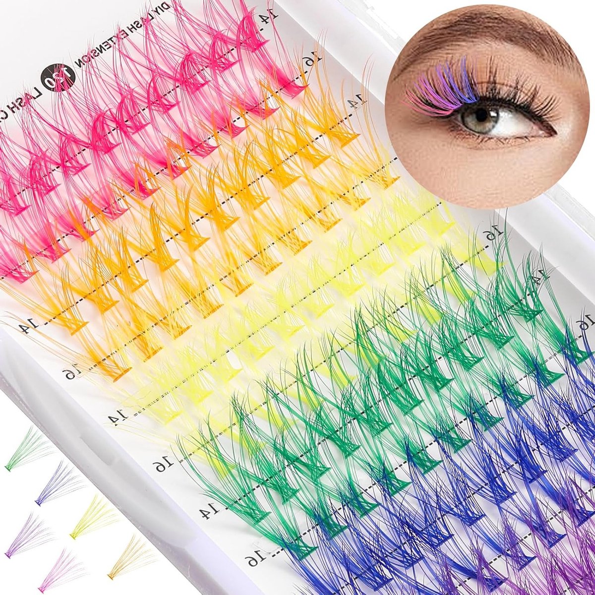 Set van 120 Kunstwimpers, Kleurrijke Wimperextensions, DIY Regenboog Wimpers voor Oogmake-up, 14/16 mm, Geschikt voor Beginners, Luxe Wimperlook en Oogverzorging
