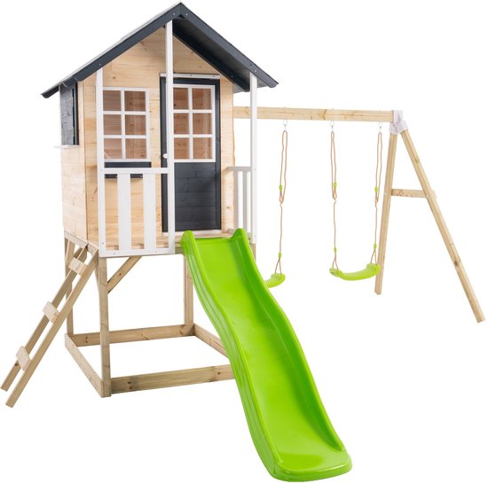 Houten boomhut op palen van FSC®-hout met platform, glijbaan en twee schommels JACINTHES