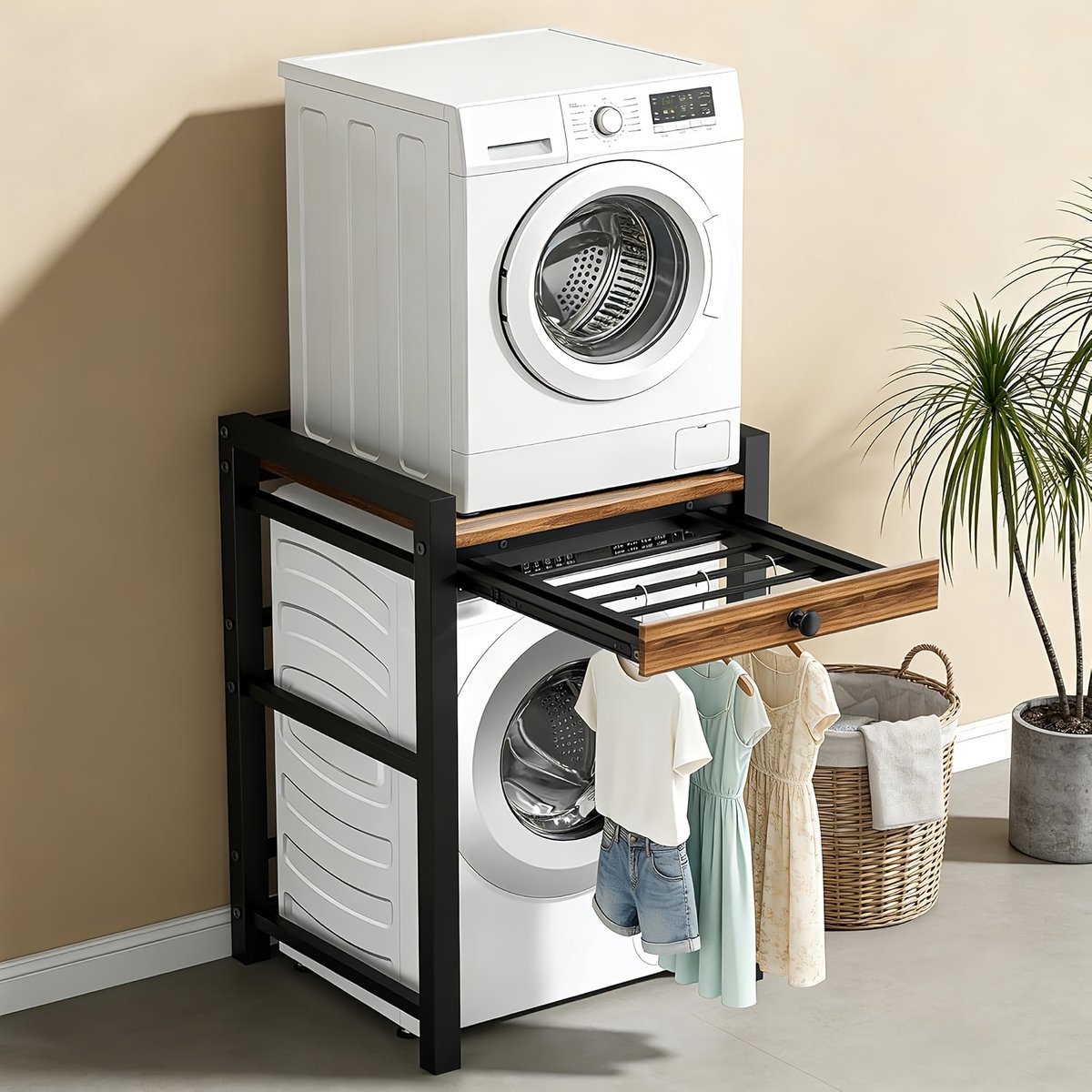 Wasmachinekast met uittrekbare handdoekenrek - Wasmachine/droger combo, met een plank boven de wasmachine, 300 kg laadvermogen, 75 x 65 x 104 cm, zwart