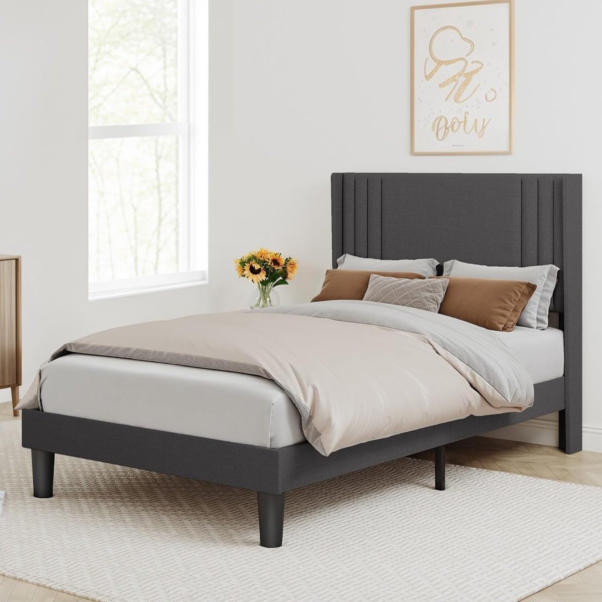 Tweepersoonsbed 120x200 cm Gestoffeerd Bed met Opbergruimte Hoofdbord Metalen Frame Lattenbodem Modern Donkergrijs Vermissen