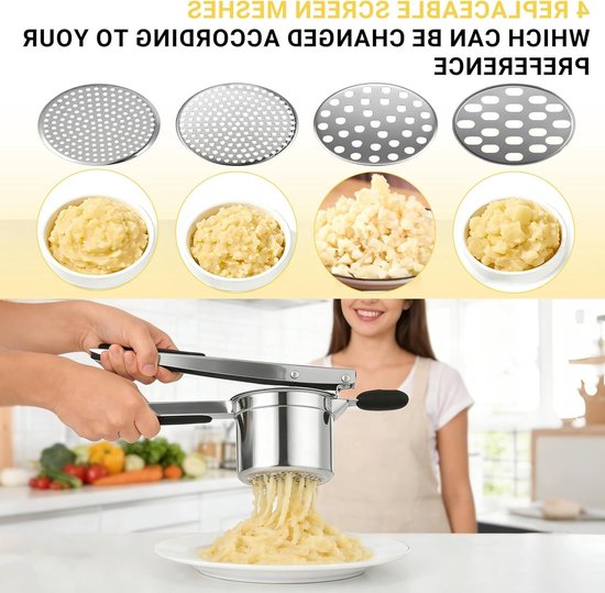 Multifunctionele Aardappelpers van RVS met 4 Verwisselbare Zeven - Ideaal voor Puree, Sap en Fruitpuree met Hoge Druk Design van Merkloos — afbeelding 3