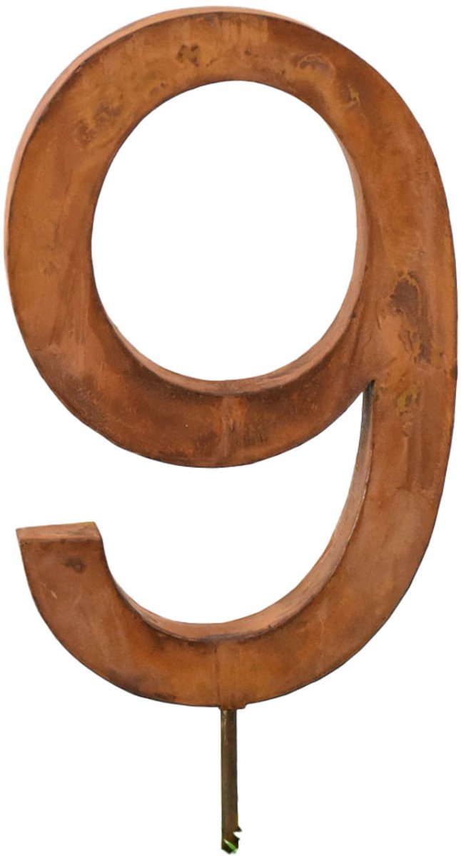 UNUS® Metalen huisnummer 9 met staaf en ophangoog 60 cm roestlook