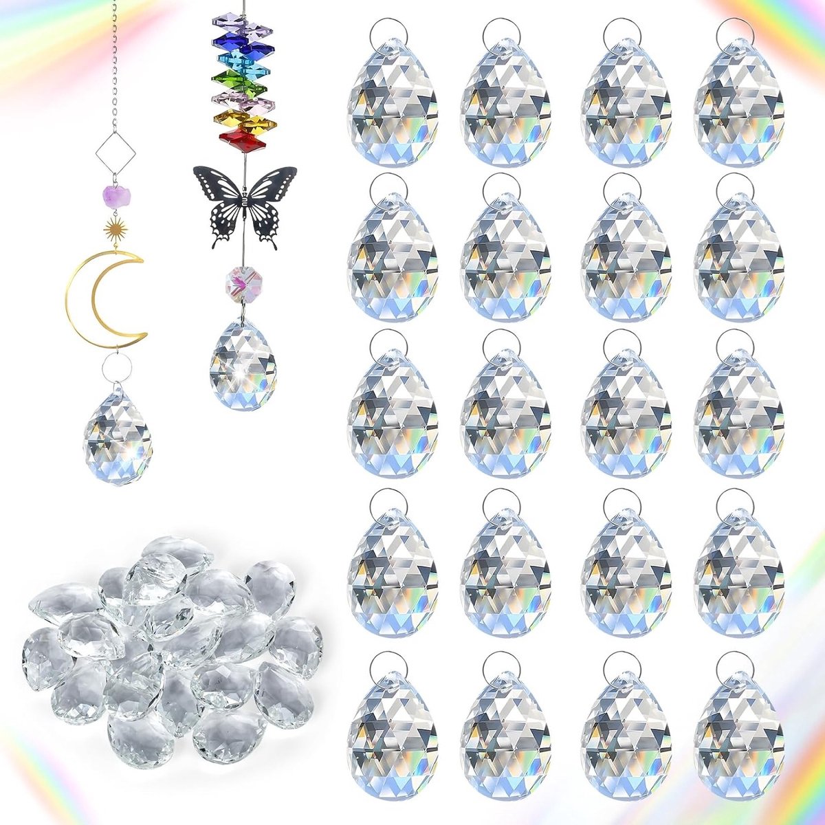 20 Stuks Kristallen Hangende 37mm Glas Zonnevanger met 20 Metalen Ringen voor Raamdecoratie en Ambachten - Prismatische Dangles voor Kroonluchters en Versieringen