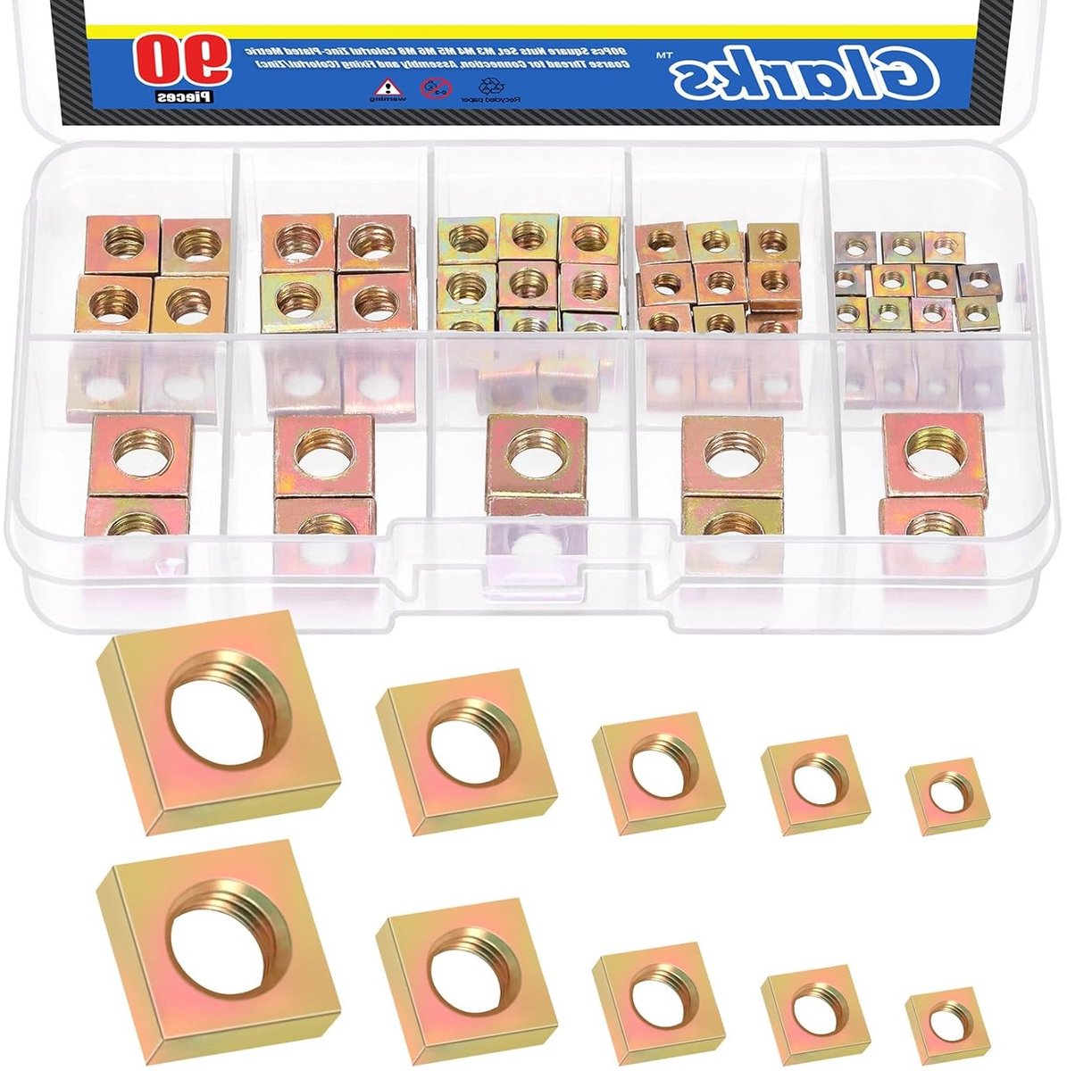 90-delige set vierkante moeren van koolstofstaal M3, M4, M5, M6, M8 - Geel verzinkt, metrische schroefmoeren, assortiment voor machinebouw en bevestiging