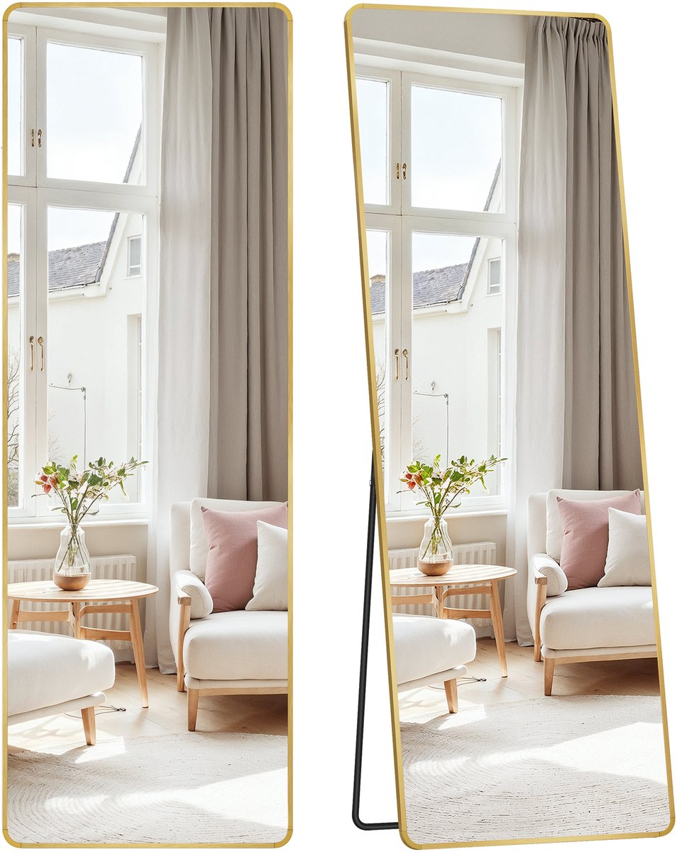 Songmics Spiegel - Spiegel staand - Aluminium Frame - Veilig Hardglas - Voor Hal en Slaapkamer Bleekgoud