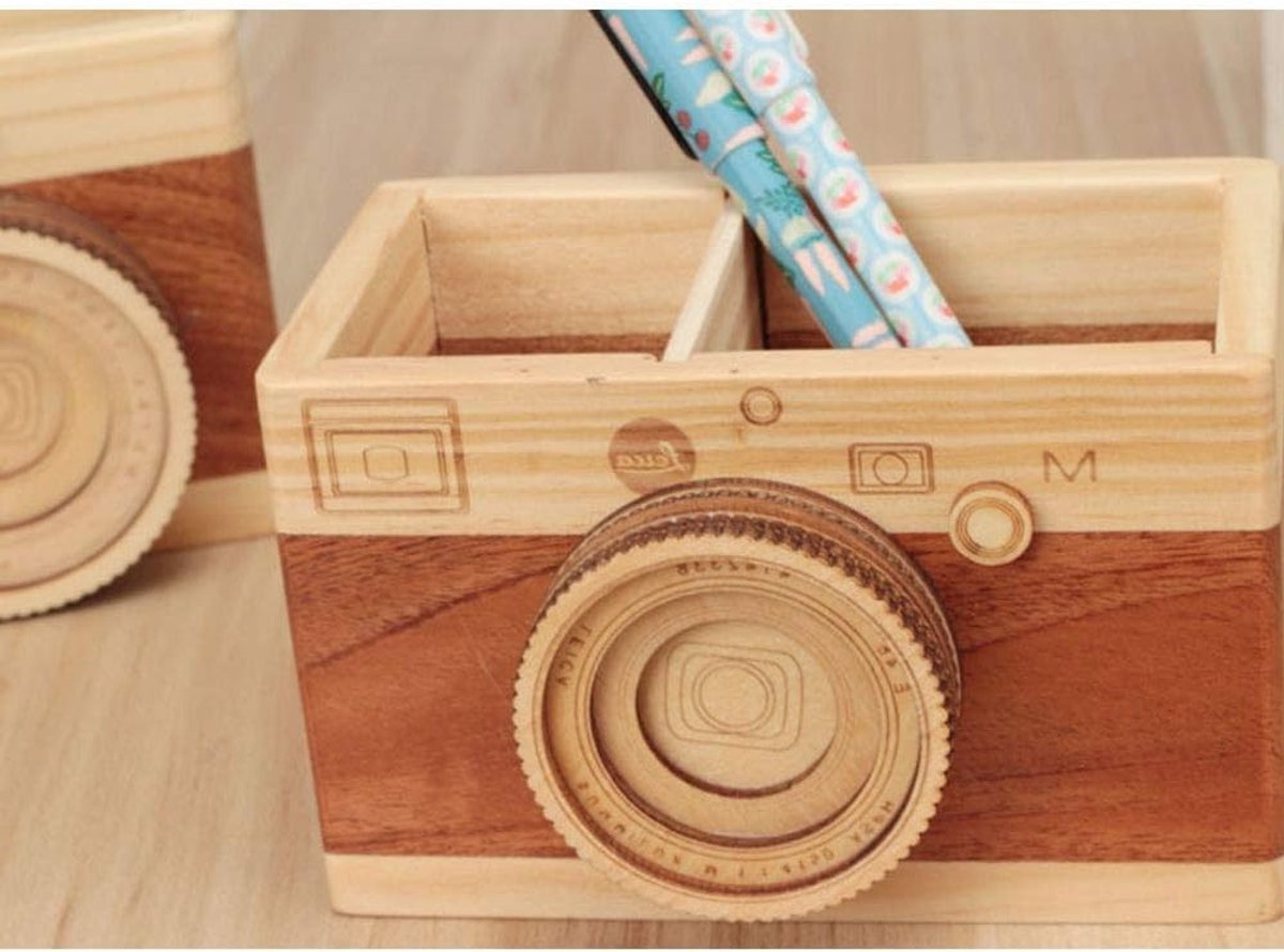 Creatieve Houten Pennenhouder in Camera-Vorm, Schattige Desk Organizer met 2 Compartimenten voor Kinderen, Studenten en Vrienden