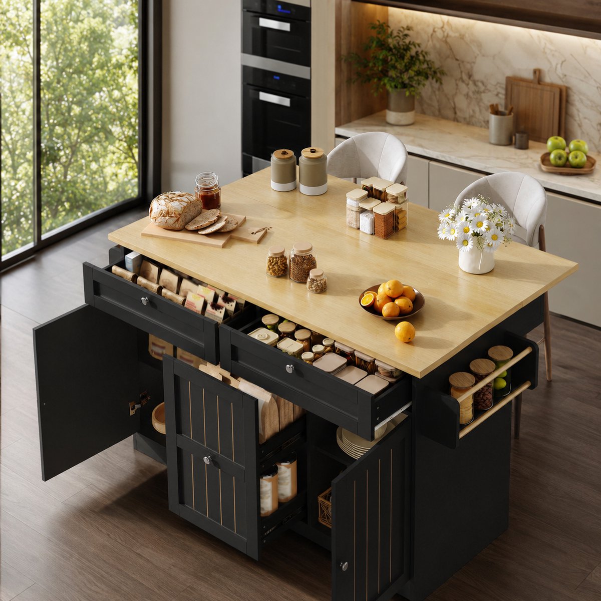 Keukeneiland buffetkast 120 x 45 (70) x 92 cm - Eetwagen - Vrijstaande keukenkasten - Met opbergruimte - Met 2 lades - Voorzien van een opklapbaar werkblad - Vergrendelbare zwenkwielen - Zwart