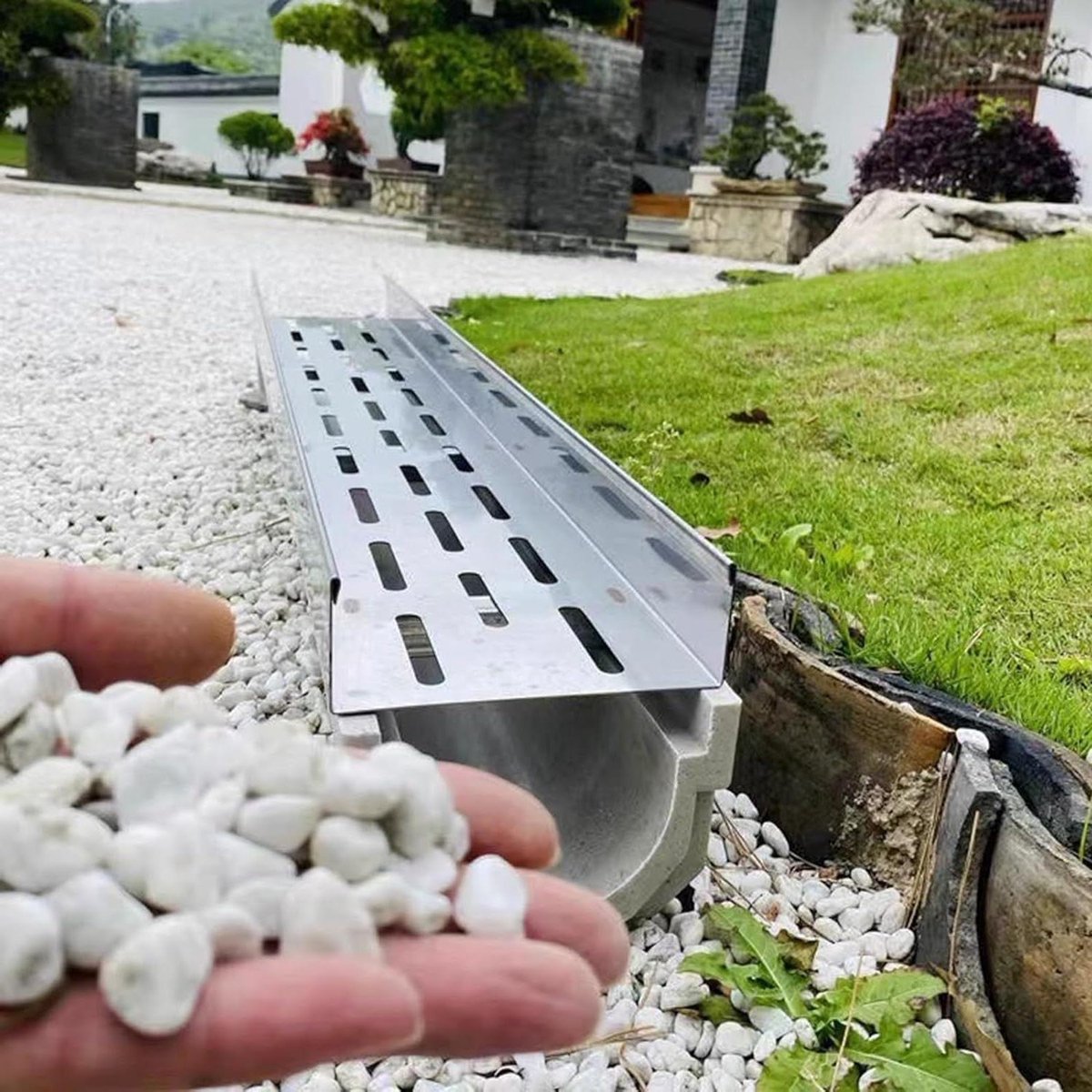 Afvoergoot set - RVS deksel - Efficiënt afwateren - Kiezelvulling mogelijk - 100x20x30cm - Zilver