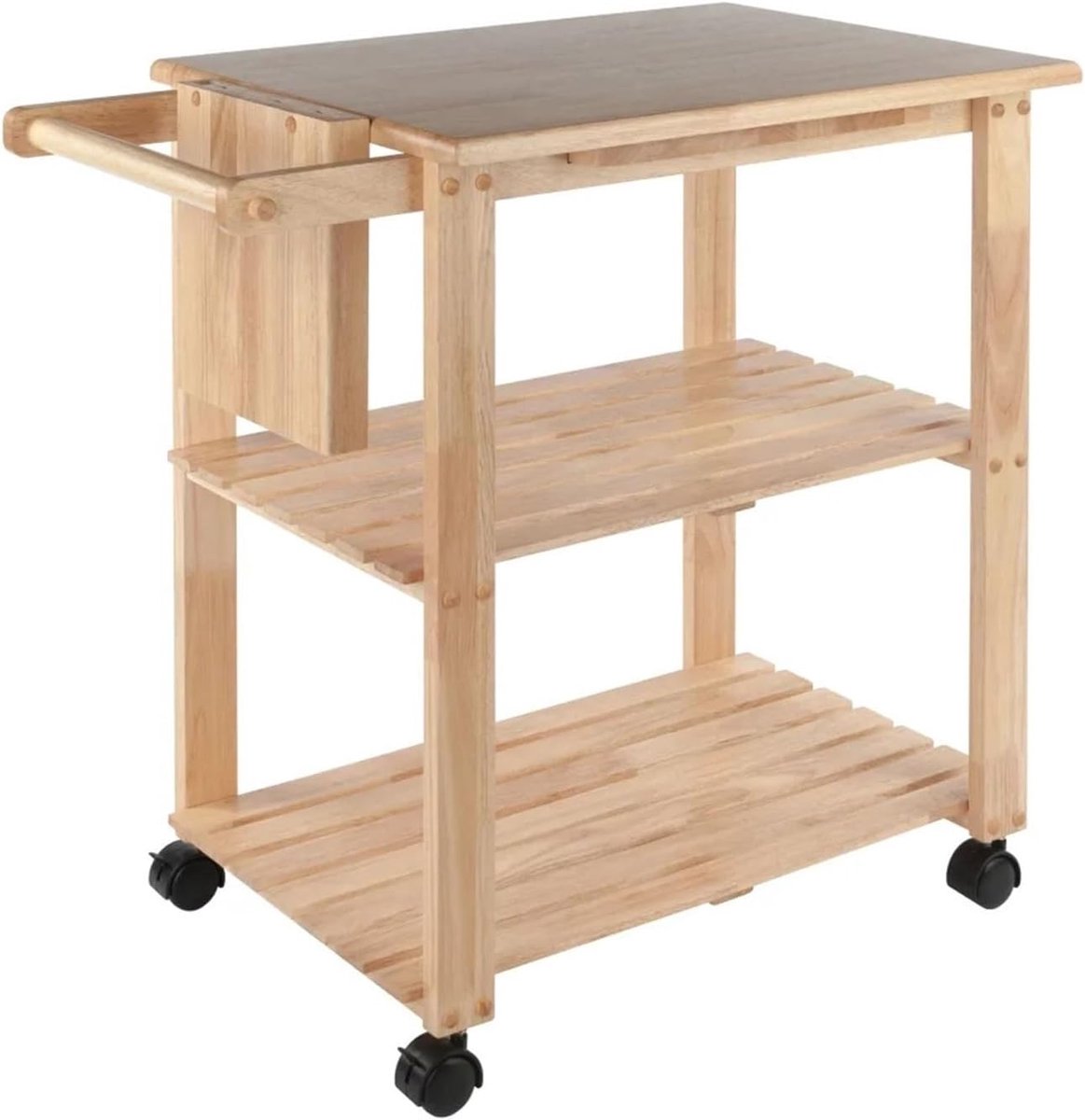 Keuken Trolley Hout 52 x 85 x 81 cm met Uittrekbare Snijplank, Wijn-/Keukenopbergruimte, Handdoekhouder & Wielen – Multifunctionele Serveertrolley / Keuken Hulpwagen – Mobili Bella