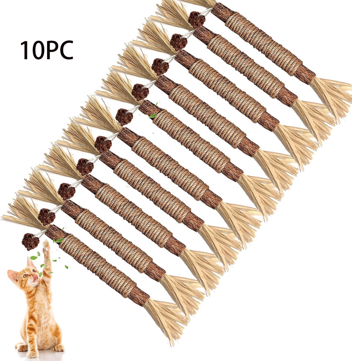 10 Stuks Stokjes Voor Katten - Kattenspeelgoed - Kauwstokjes - 23 cm lengte - Kattenspeeltje - Speelgoed met kattenkruid - Katten - Kattenspeelgoed - Stokvormig kattenspeelgoed - Kauwspeelgoed voor katten en kittens - Houtkleur