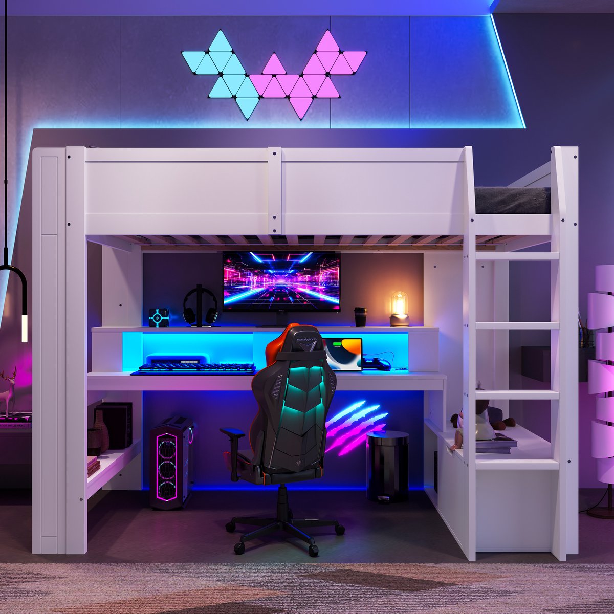 VVBV Gaming Hoogslaper 90x200 cm met LED-Verlichting, Bureau - Planken, Lades - Wit - Zonder Matras White