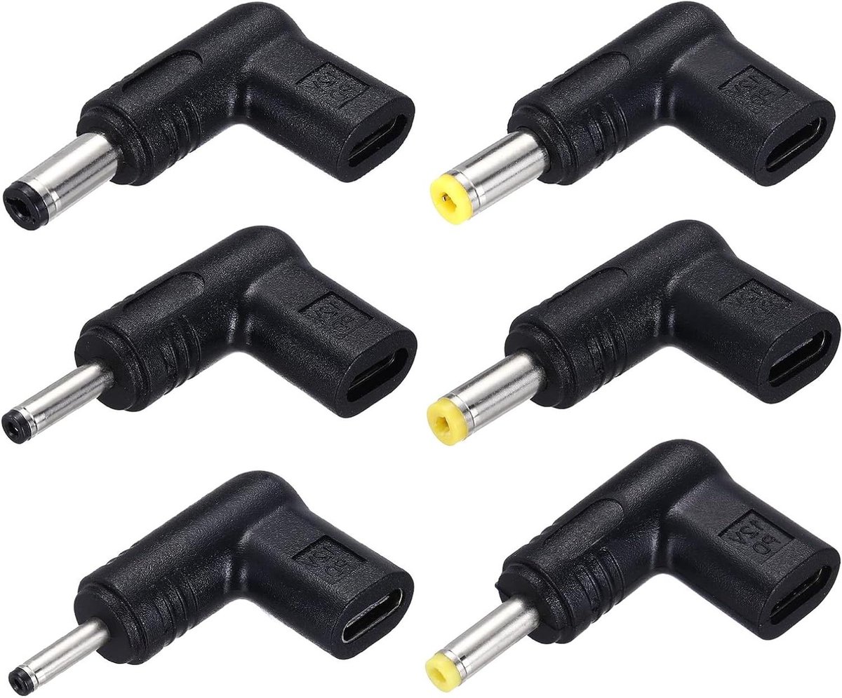Type-C naar DC Adapter - Hoek Adapter - Stroom Omzetten - 90 Graden Hoek - 6 Stuks - Zwart