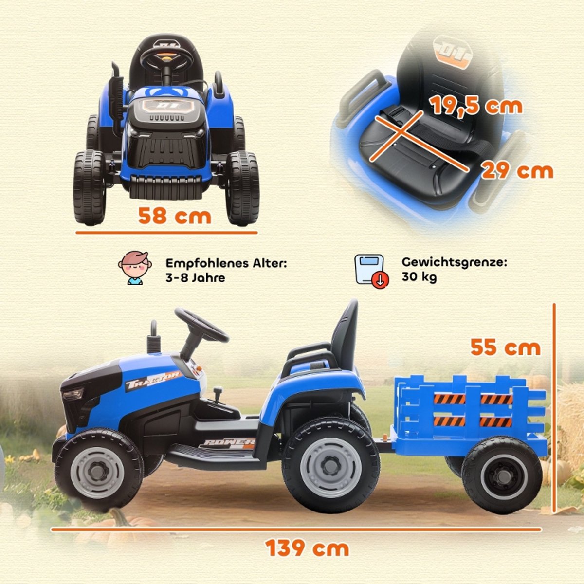 Blauwe Kunststof Elektrische Tractor Voor Kinderen 3-8 Jaar Met Aanhanger Muziek Verlichting