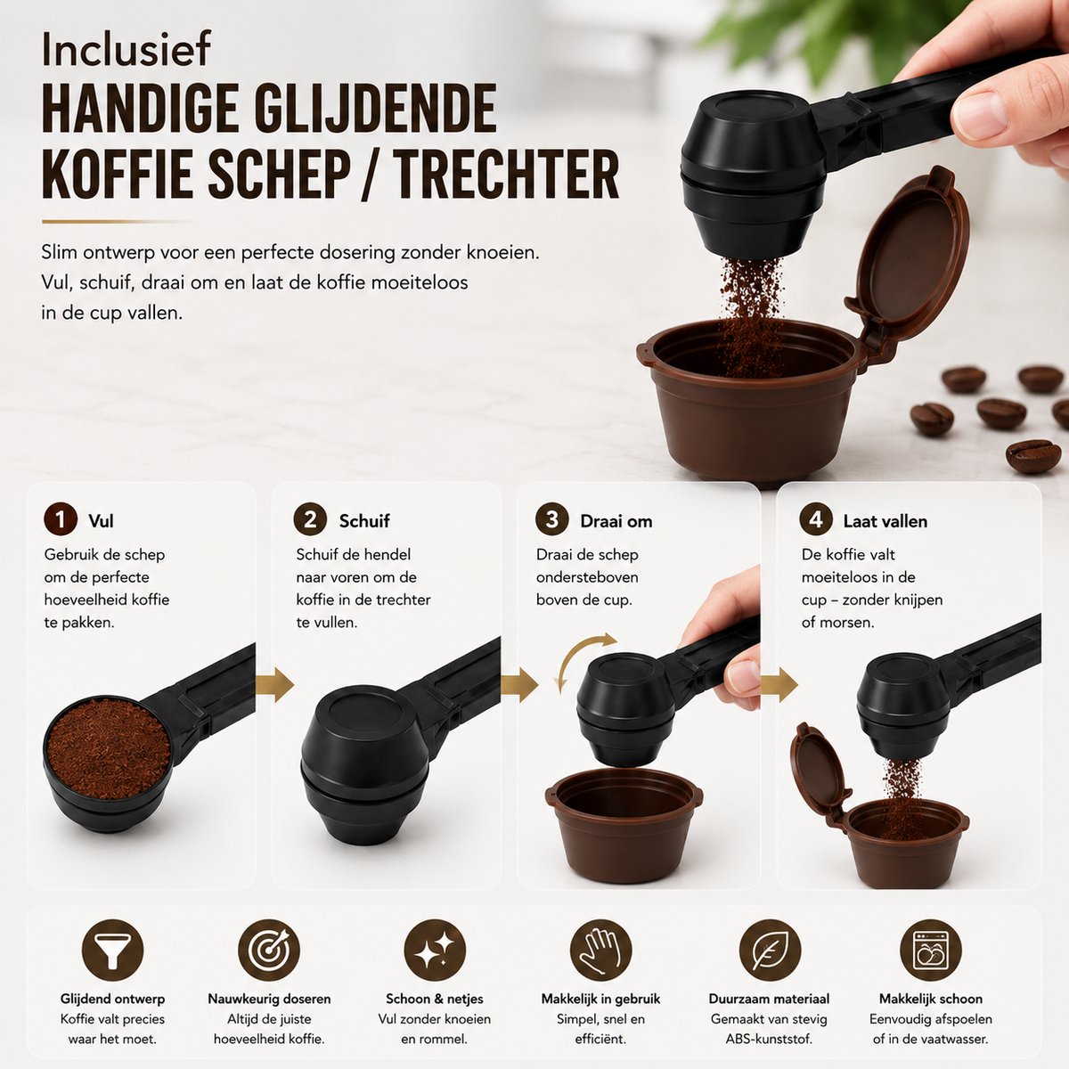 Enluxe Hervulbare Dolce Gusto Koffiecapsules – Set van 10 + Glijdende Koffieschep – Herbruikbare Cups – Duurzaam & Vaatwasserbestendig — cadeau in Kookcadeaus - foto 5