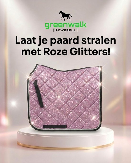 Lichtroze glitter zadeldek met zwarte bies. Greenwalk logo bovenaan.