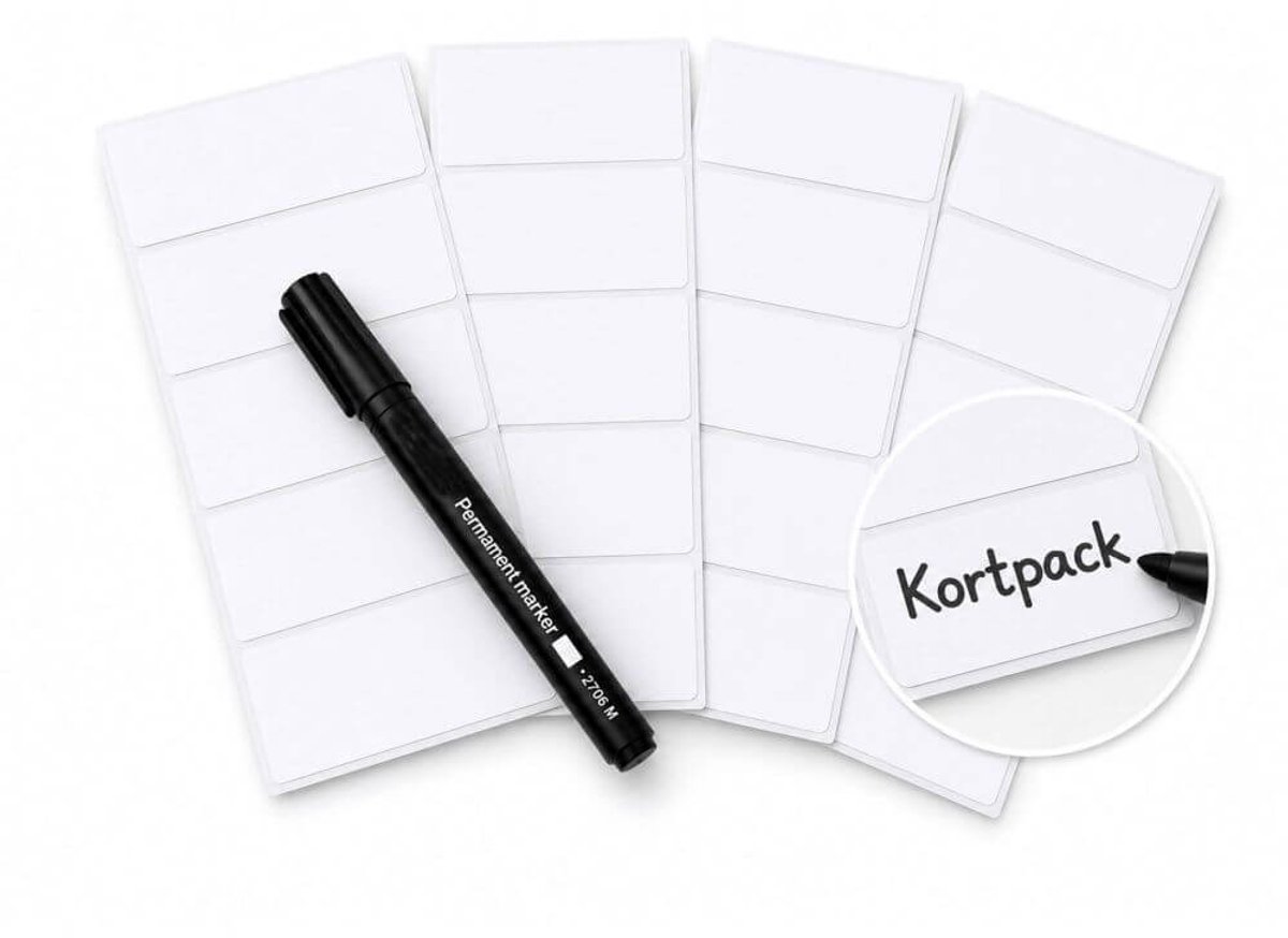 Kortpack Zelfklevende labels+ permanent marker- Kantoor artikelen- 10cm x 5cm/ 1-1.5mm dikke punt- kunststof- zwarte inkt+ witte labels