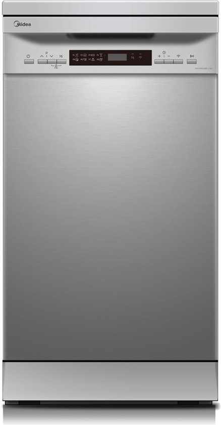 RVS Midea vaatwasser met digitaal display en bedieningsknoppen.