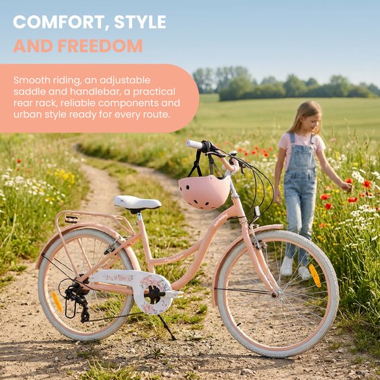 Flower Bike Kinderfiets 24 inch meisjes van 8 tot 12 jaar, Abrikoos, Fiets voor een meisje met 7 versnellingen, bagagedrager, metalen spatborden, V-brake, kettingkast van Flower Bike — afbeelding 2