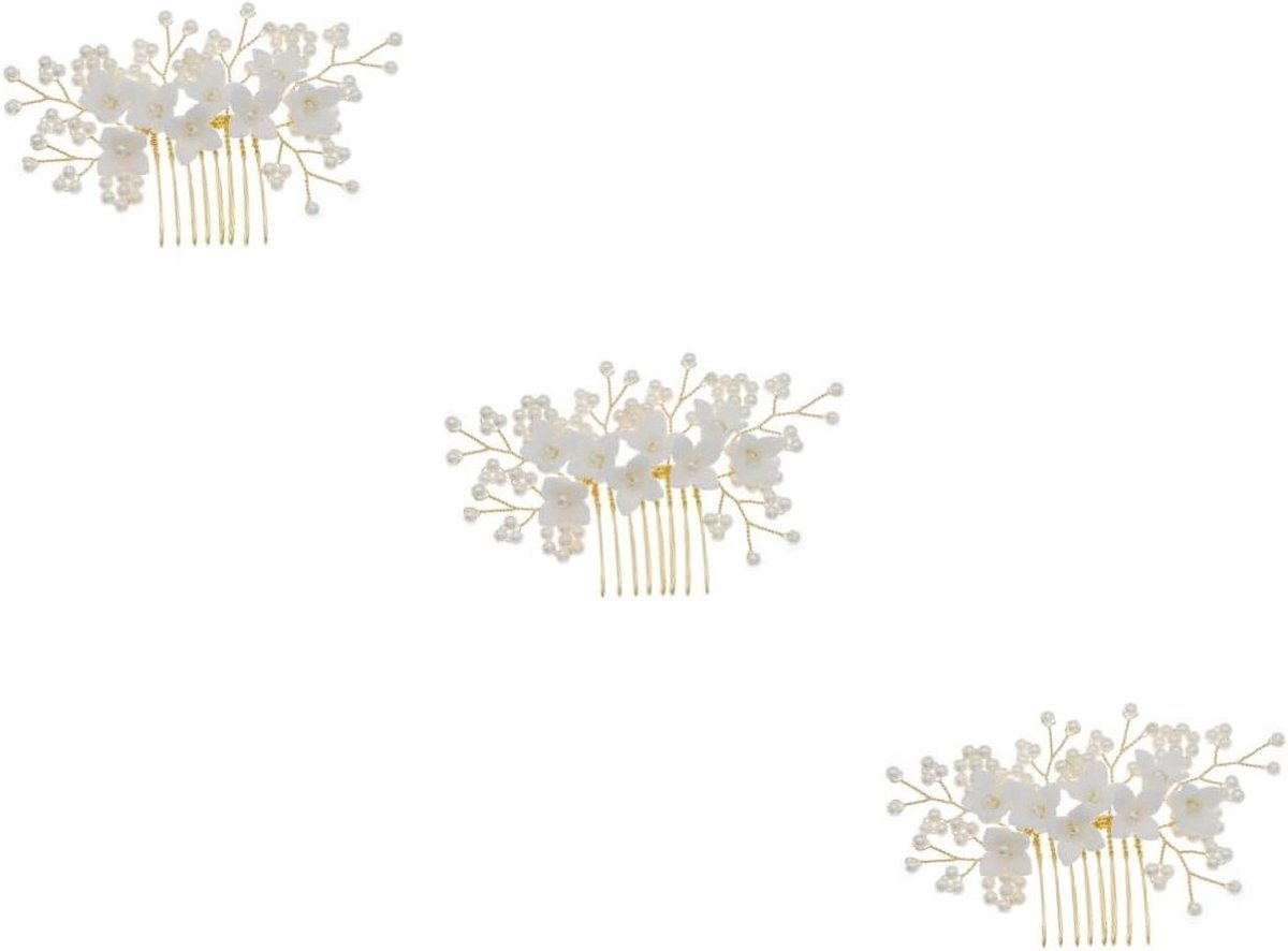Bruid Haaraccessoires - Parel Kam - Bruiloft Versiering - Delicaat Bloemontwerp - 3 Stuks - Goud