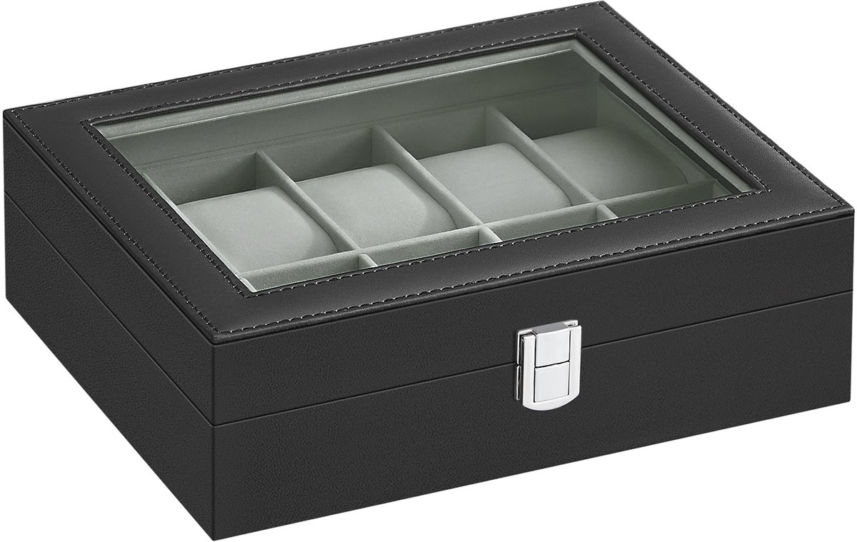 SONGMICS - Horloge Doos - Met 10 Vakken - Sieradendoos met Glazen Deksel - Luxe Opbergkoffer