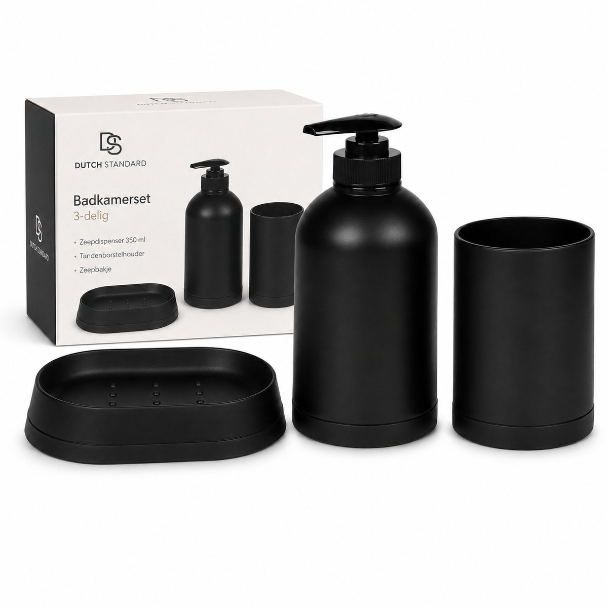 Badkamerset - 3-delig - Zeepdispenser 350 ml - Matte Afwerking - Zwart