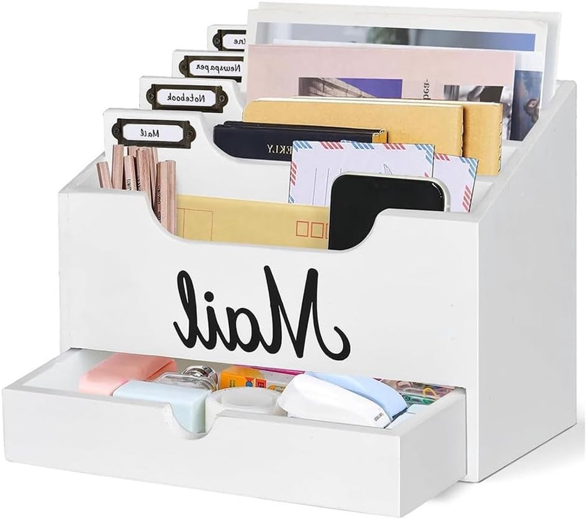 Moderne Houten Bureau Post Organizer met 4 Compartimenten en Lade - Perfect voor Thuis en Kantoor