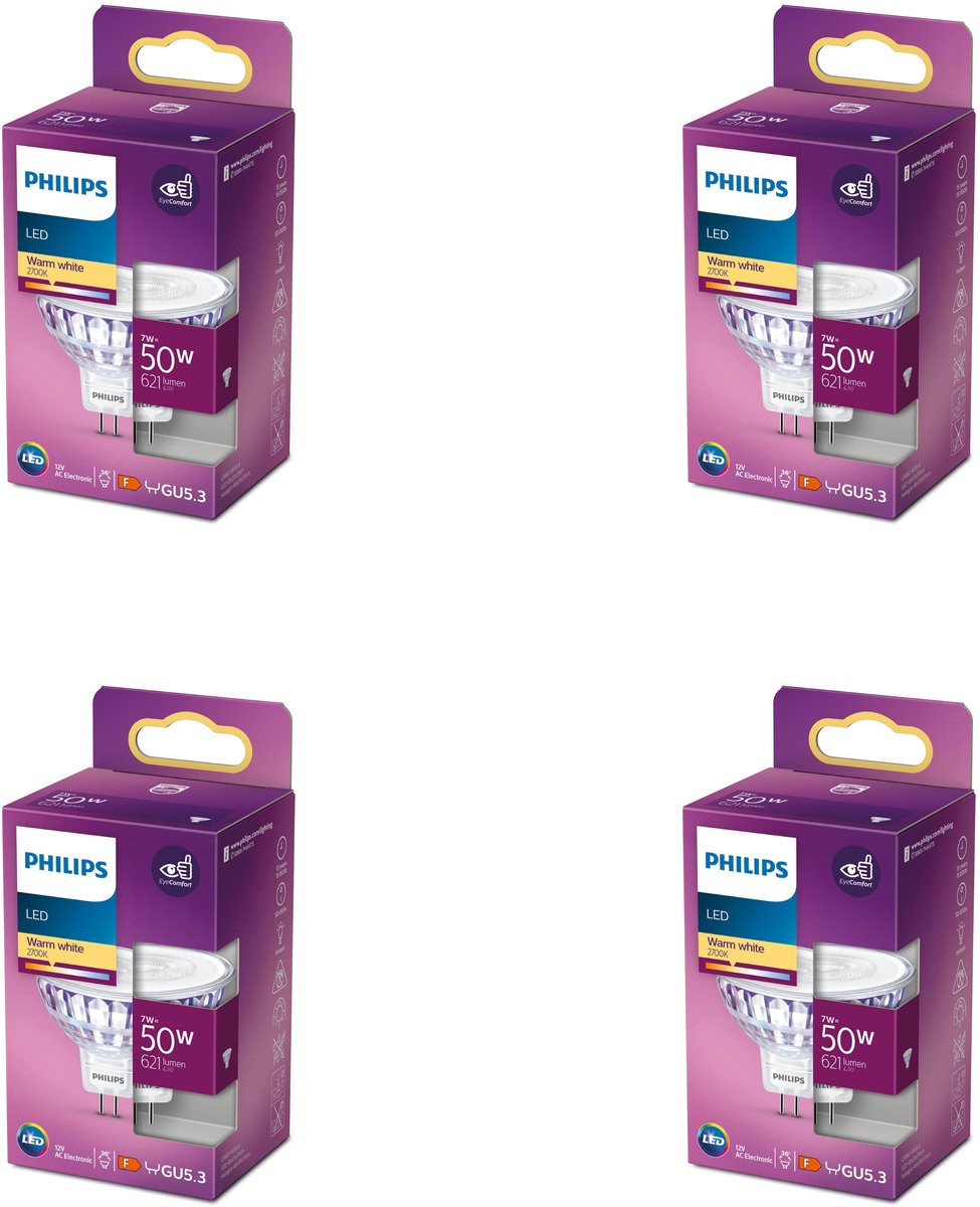 Philips Voordeelverpakking - GU5.3 - LED Spotlamp (MR16) - 12V - 50W - Niet Dimbaar - Warmwit Licht - Set van 4 Stuks