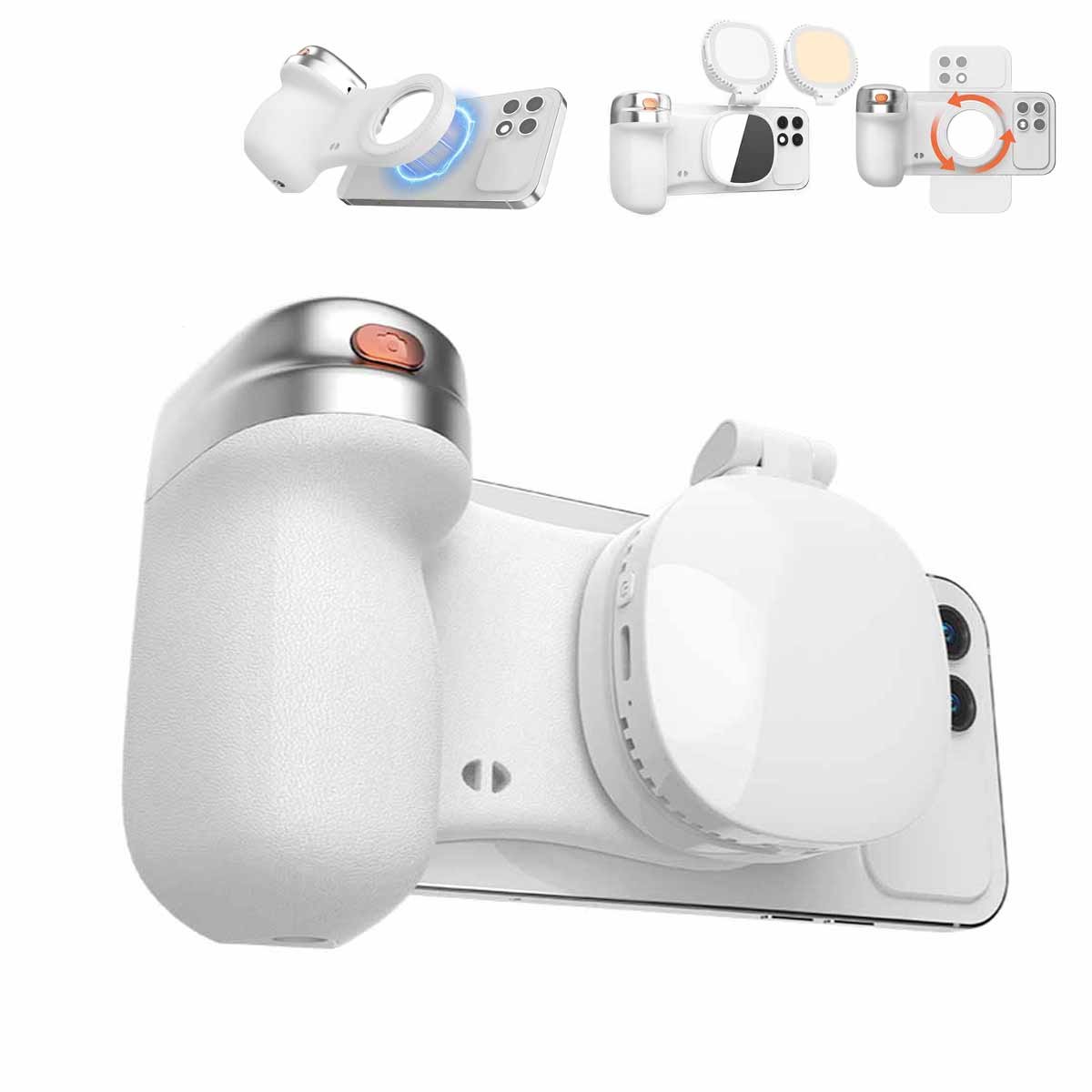 Magnetic Grip Cameragreep-telefoon grip-Zoom-en Sluiterknop-Inclusief bluetooth afstandsbediening-Universeel voor alle smartphones-Met LED-Licht (Wit)