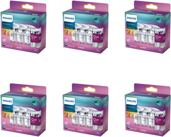 Philips SceneSwitch LED spots, 50W, warmwit licht, 3 lichtinstellingen, set van 3 verpakkingen (totaal 18 spots).