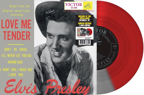 Elvis Presley 'Love Me Tender' single, limited edition Japanse 10-inch persing op rood vinyl. Met Elvis's portret en nummerlijst.